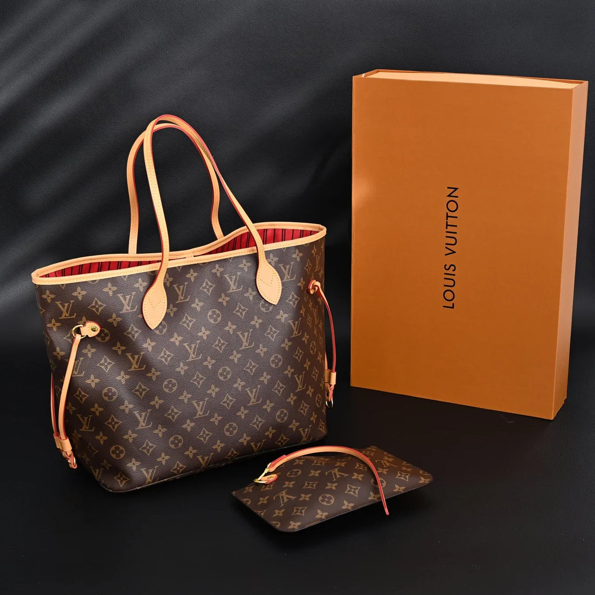 Louis Vuitton Neverfull MM Tote Bag Monogram Canvas Red Interior Shoulder