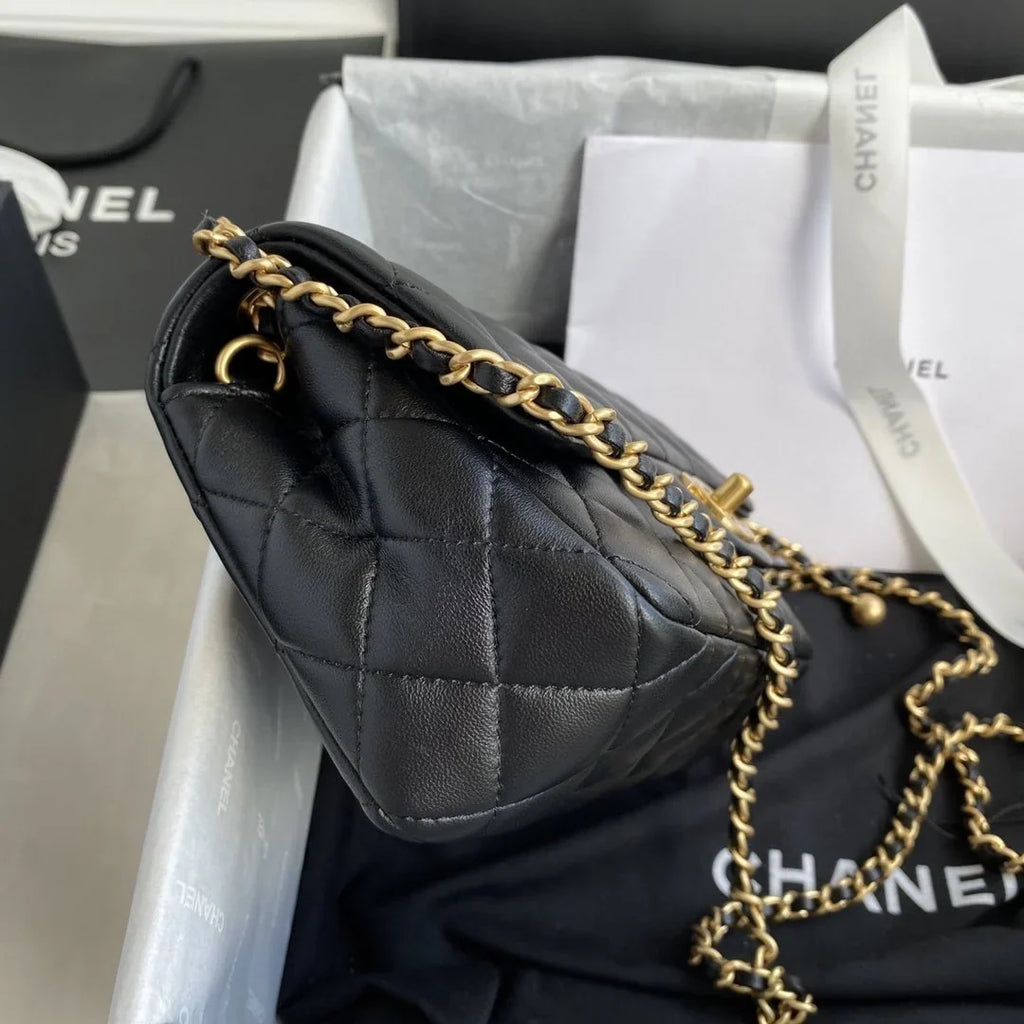 Chanel Pearl Crush Mini Flap Bag Black Quilted Calfskin Leather Chain Shoulder